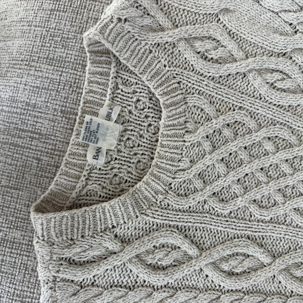 Banana Republic Mens Silk Cotton Linen Cable Knit Fisherman Sweater Cream Medium